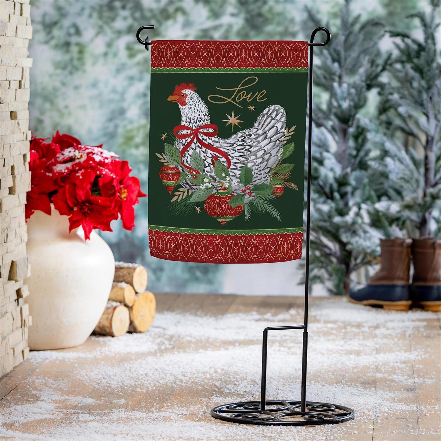 Decorative garden flag with a chicken design on a stand, surrounded by festive decor.