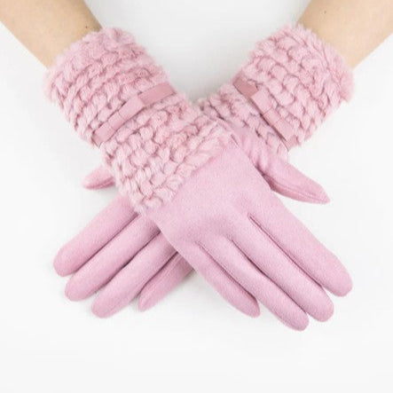 Fuzzy Faux Fur Gloves with Ribbon Detail