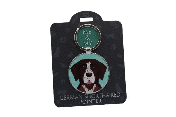 Keychain with a German Shorthaired Pointer design on a black card with brand name.
