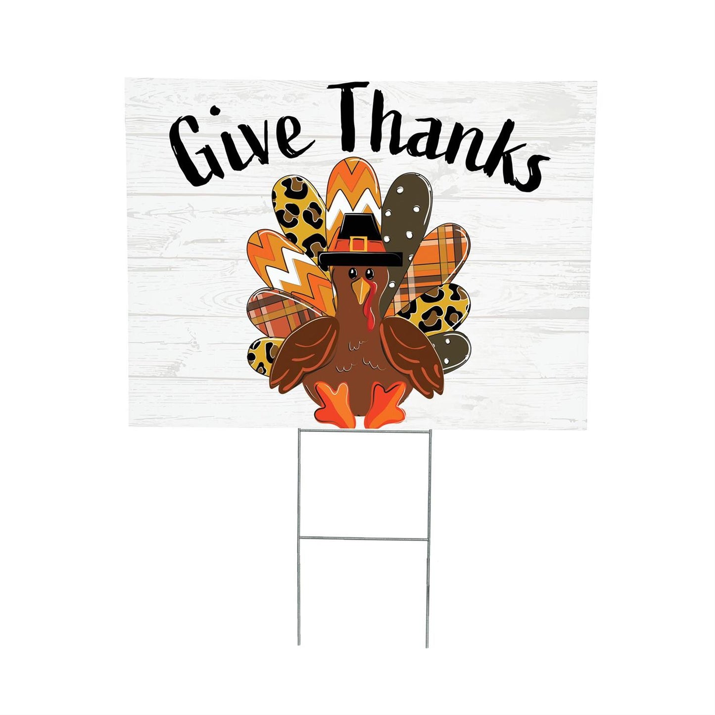 Thanksgiving-themed yard sign with a turkey and 'Give Thanks' text on a white background