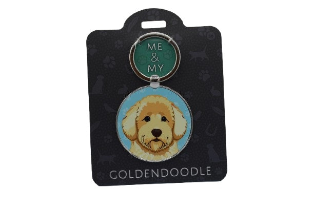 Keychain with a goldendoodle design on a black card labeled 'ME & MY'.