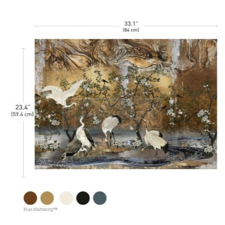 Decorative wall art featuring cranes and nature elements, shown with dimensions and color swatches.