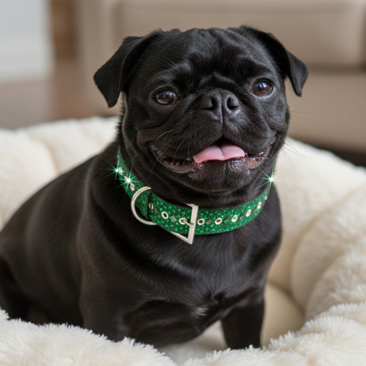 Green glittery dog collar with silver buckle on a black pug sitting in a dog bed