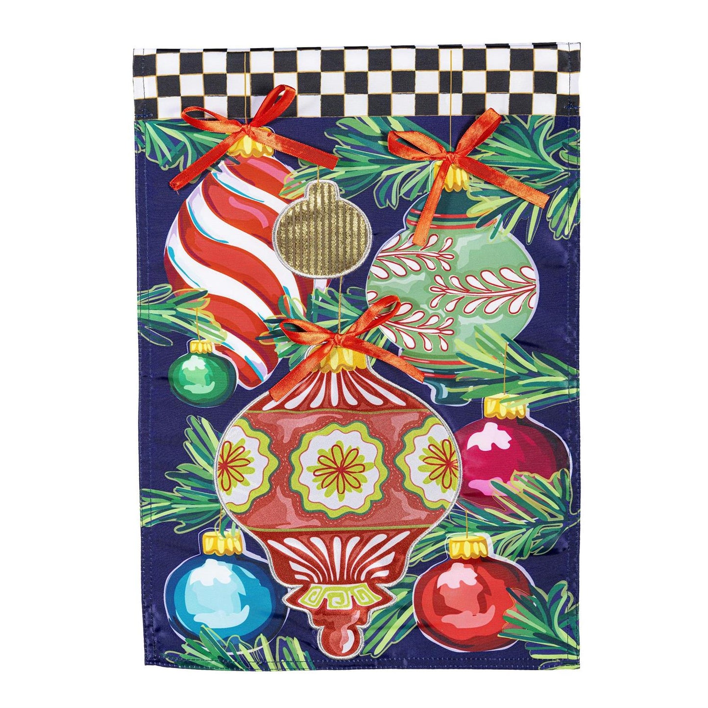 Decorative Christmas-themed garden flag with colorful ornaments and ribbons on a checkered background