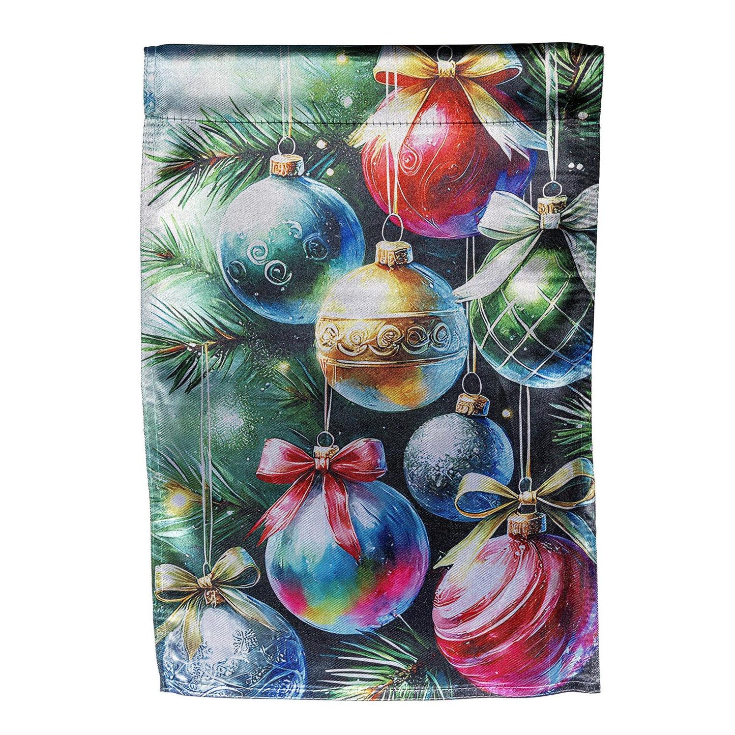 Decorative garden flag with colorful Christmas ornaments and ribbons on a green background