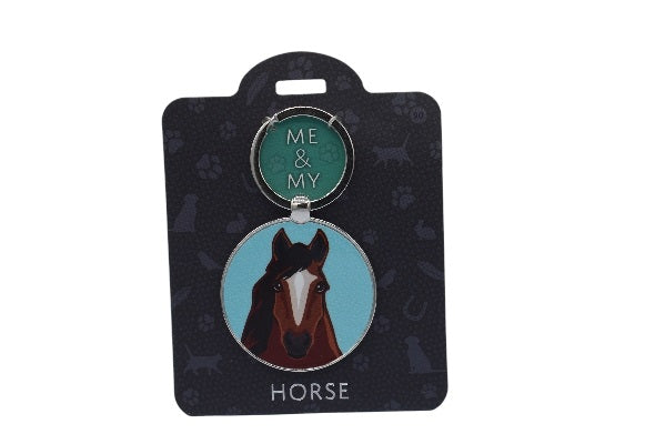 Keychain with horse design on a black card with paw prints