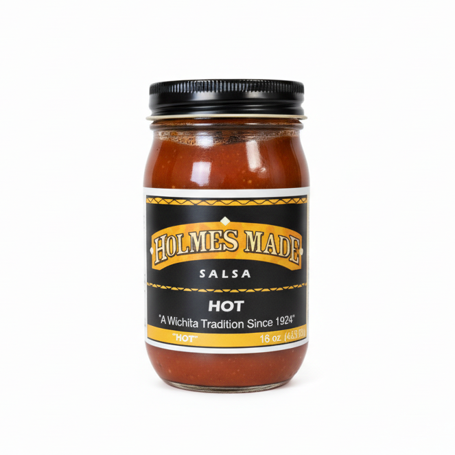 A jar of Holmes Made Salsa labeled 'HOT' with a black and yellow label, indicating it is a tradition since 1924.
