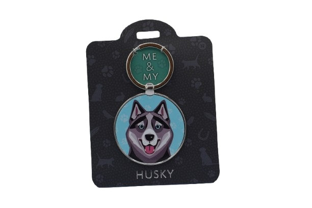 Keychain with husky design on a black card with 'Me & My' branding