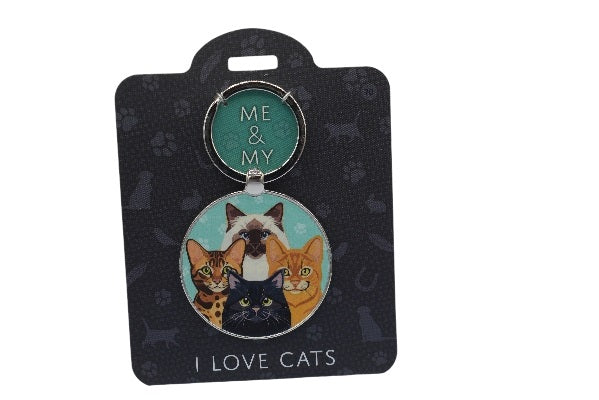 Keychain with cat illustration on a black card with 'Me & My' and 'I Love Cats' text.