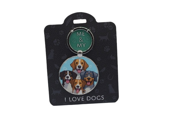 Keychain with dog illustrations on a black card with 'I Love Dogs' text
