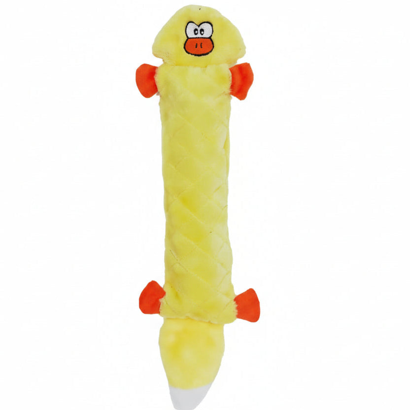 A yellow and green duck-shaped dog toy with a smiling face and orange feet.