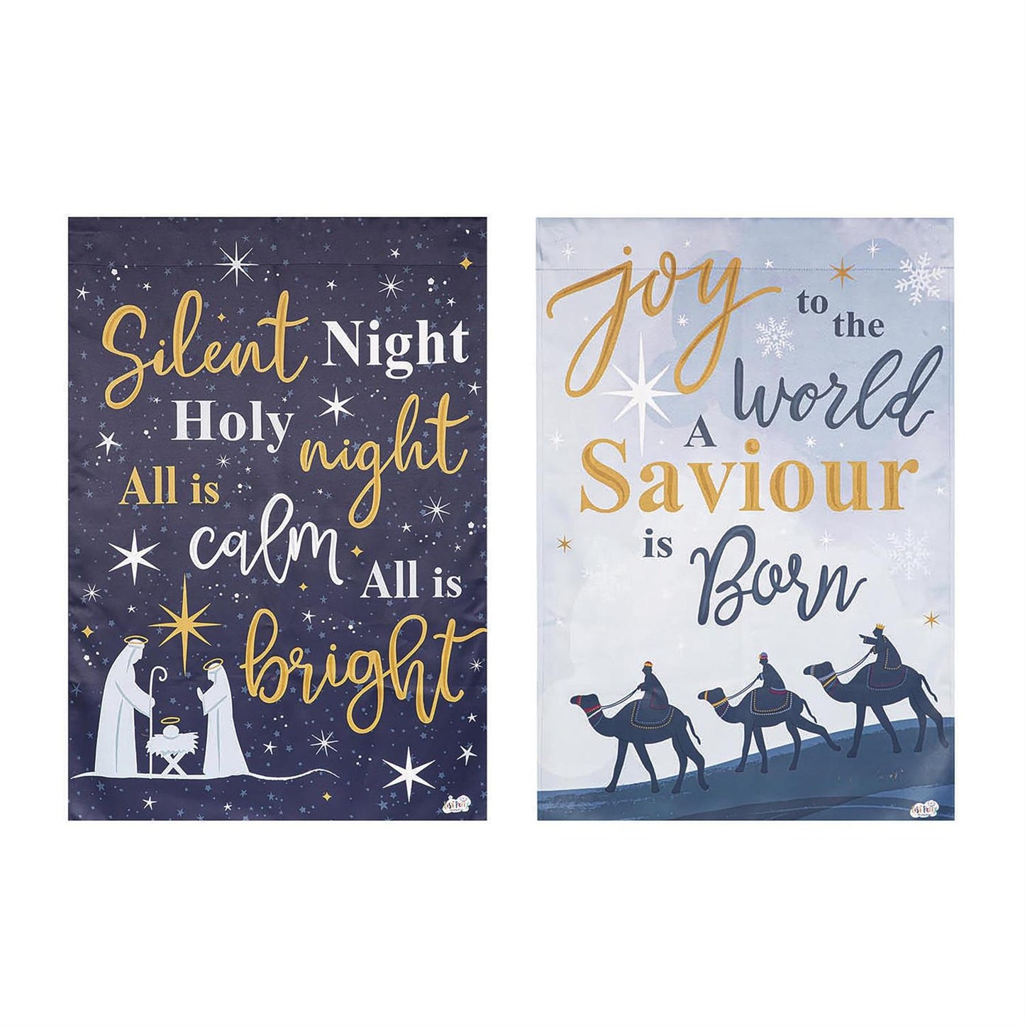 Two nativity themed garden flags with text and illustrations on a white background