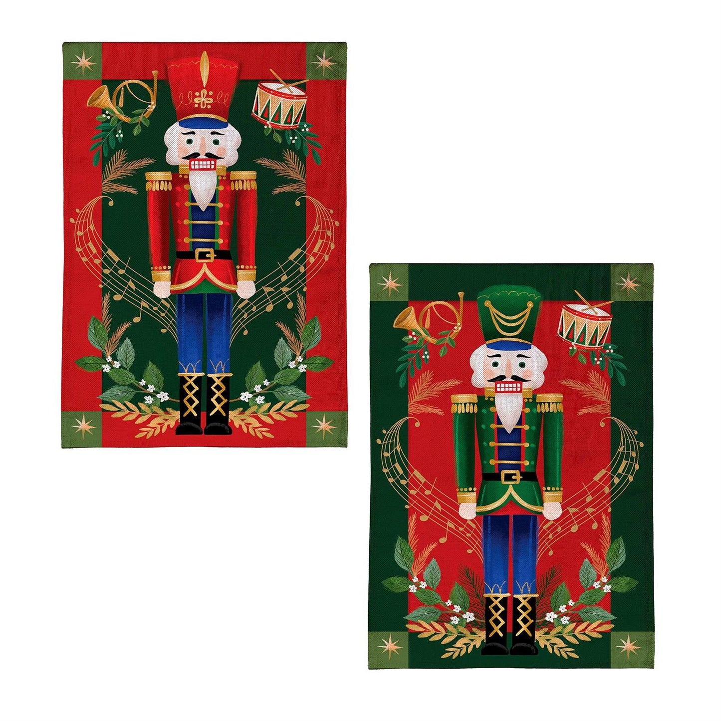 Two decorative nutcracker-themed flags on a white background