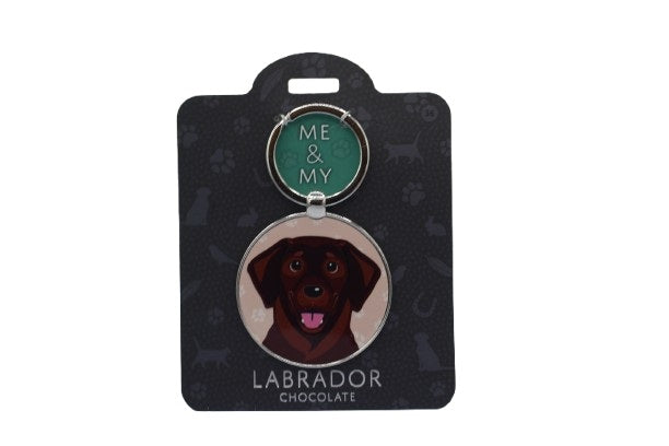 Keychain with a chocolate Labrador design on a black card with 'Me & My' branding.