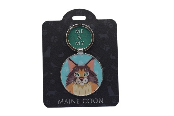 Cat-themed keychain on a black card with 'ME & MY' and 'MAINE COON' text.