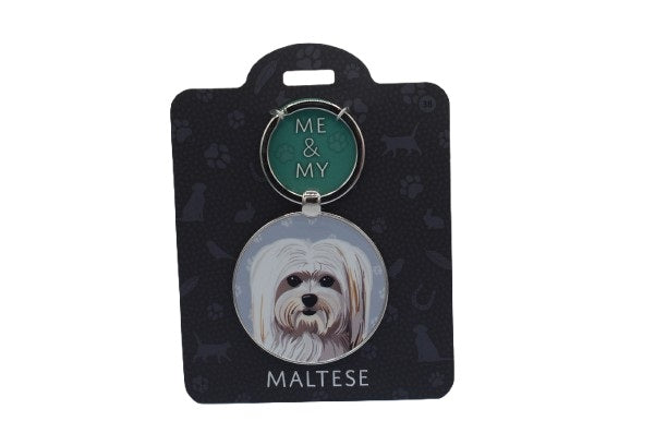 Keychain with a Maltese dog illustration on a black card with 'Me & My Maltese' text.