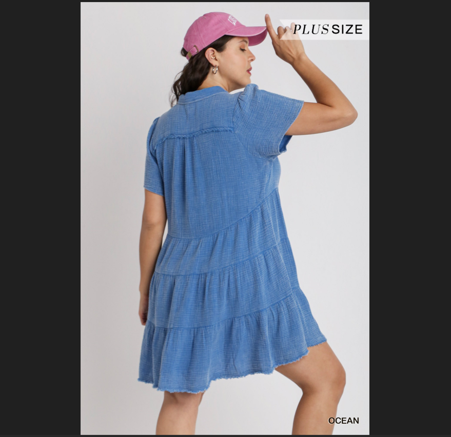 Umgee Mineral Wash Short Tiered Dress - Plus Size