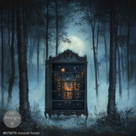 Mystical scene of a cabinet in a moonlit forest with a full moon and trees.