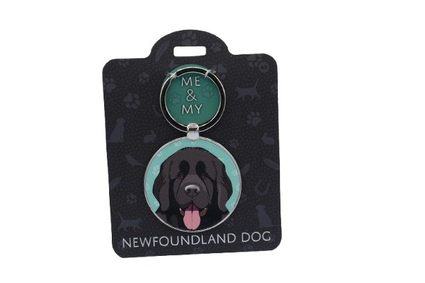 Keychain with Newfoundland dog illustration on a black card with 'ME & MY' branding