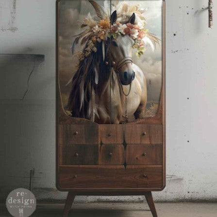 Wooden wardrobe with a horse painting on the door against a white wall.