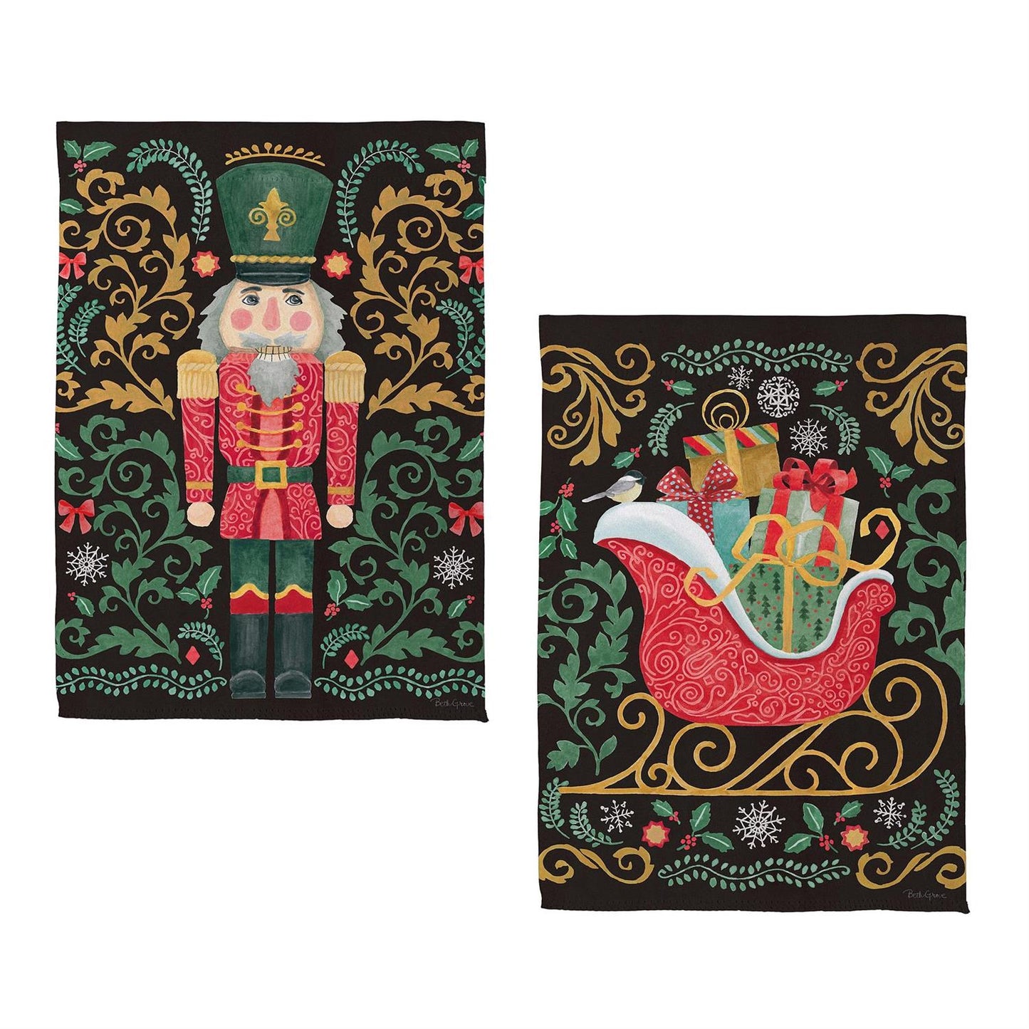 Two decorative flags featuring a nutcracker and a sleigh with presents on a black background.