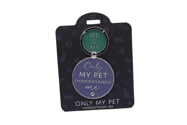 Pet tag set on a black card with text 'Me & My Only My Pet Understands Me' on a white background