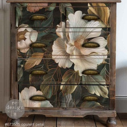 Wooden dresser with floral design on a white background