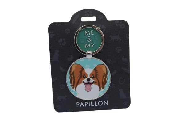 Keychain with a Papillon dog illustration on a black card with 'ME & MY' branding.