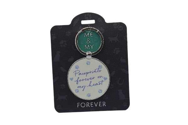 Pet tag with 'Me & My Pawprints Forever on My Heart' text on a black card with paw print pattern
