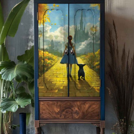 Decorative cabinet with a painted scene of a woman and dog on a yellow brick road, surrounded by plants.
