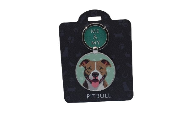 Pet tag with a pitbull illustration and 'Me & My' text on a black card.