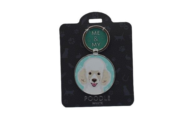 Keychain with a poodle illustration on a black card with dog patterns