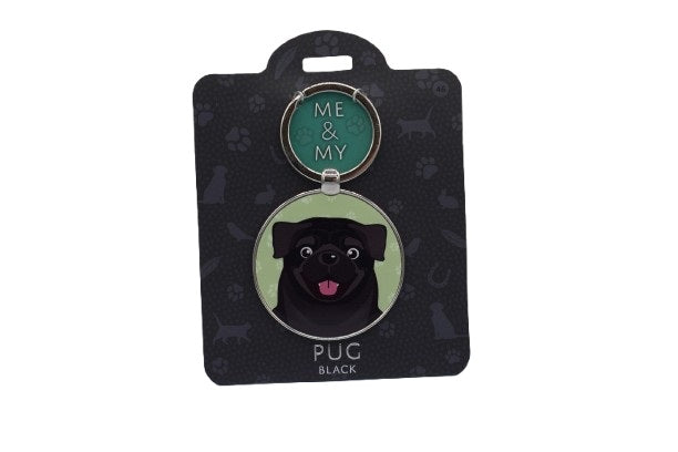 Keychain with a pug design on a black card with 'ME & MY' branding.
