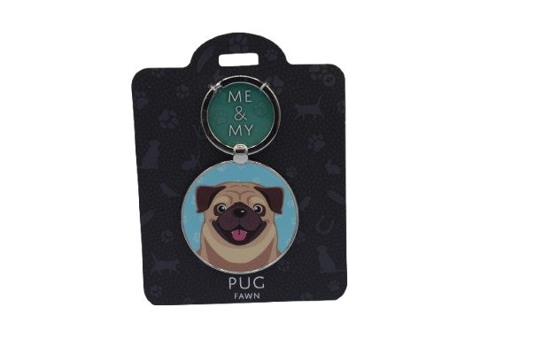 Keychain with pug illustration on a black card with 'Me & My' text