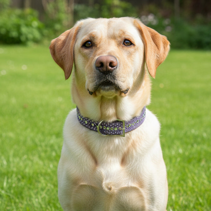 Purple rhinestone dog collar with silver buckle on a yellow lab sitting in a yard