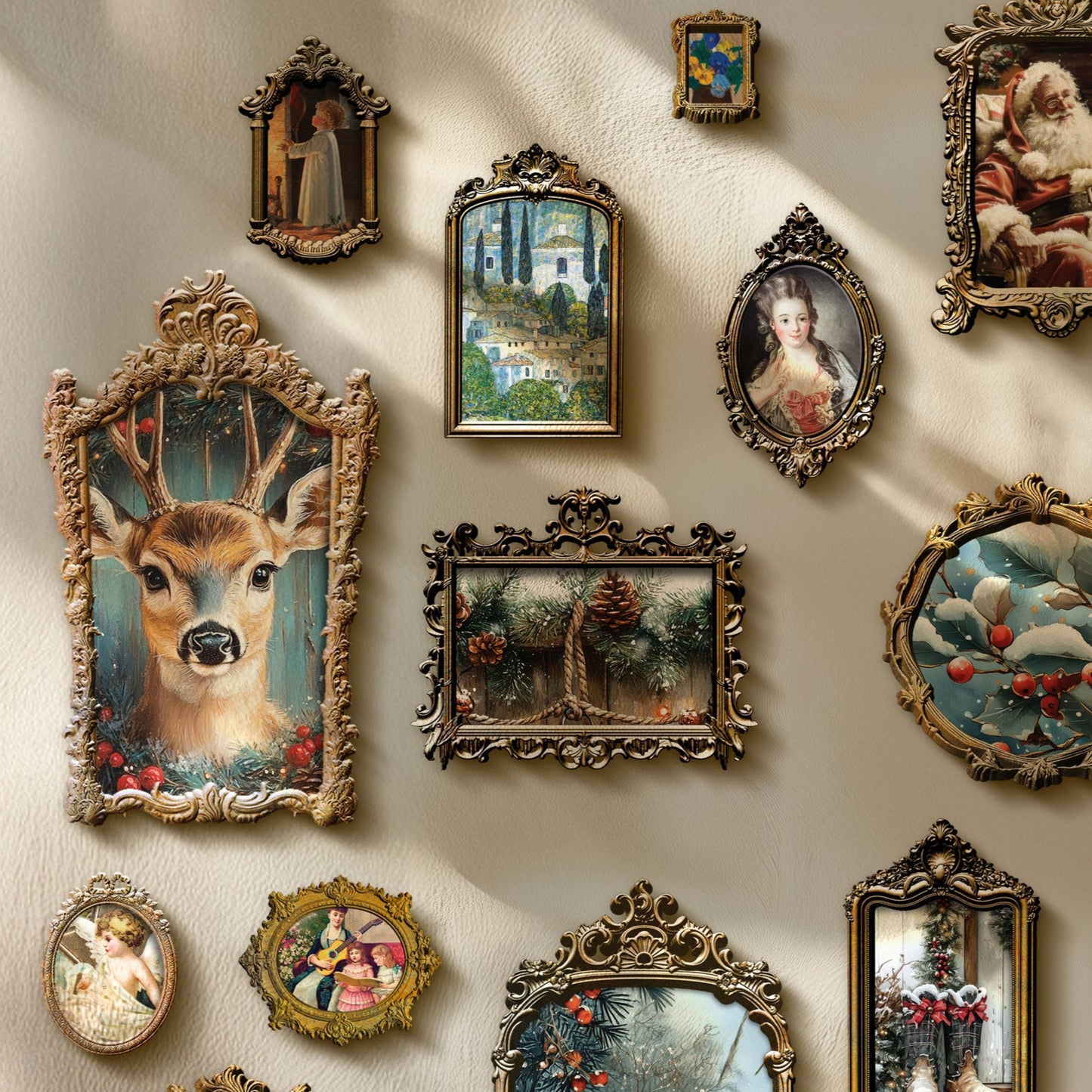 Collection of vintage-style framed artworks on a wall with sunlight casting shadows.