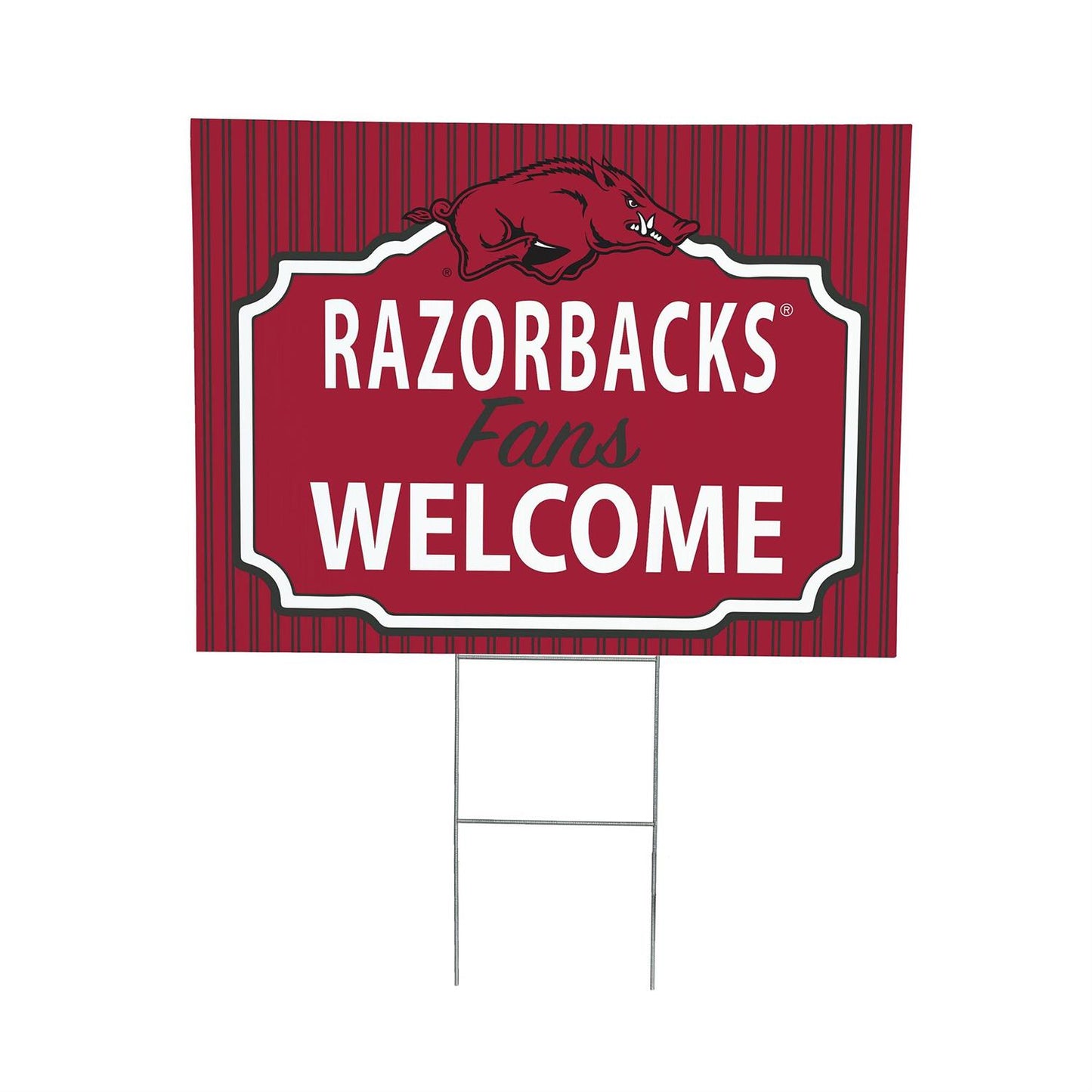 Red sign with 'RAZORBACKS Fans WELCOME' text and a pig logo on a white background