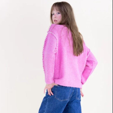 Fuchsia Relaxed Contrast Whipstitch Seam Boyfriend Sweater