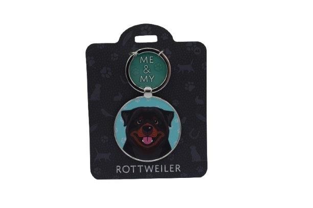 Keychain with Rottweiler design on a branded card