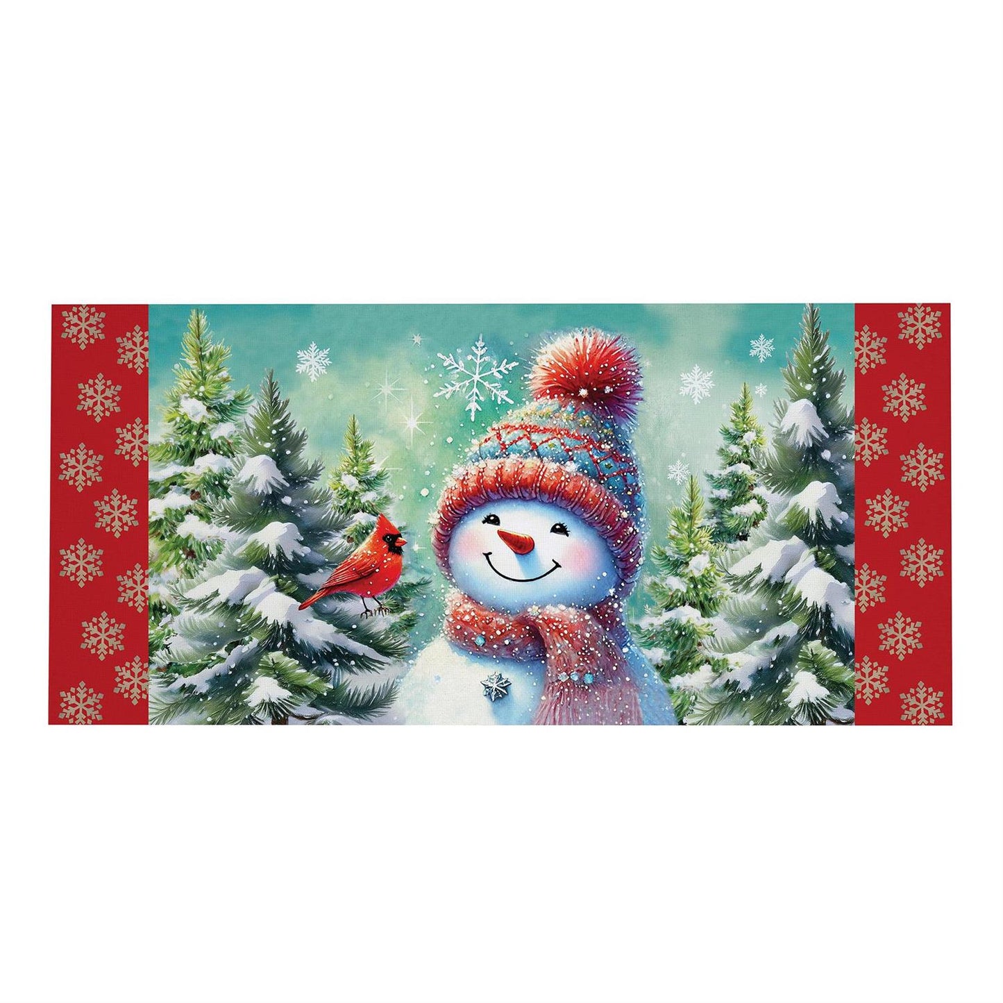 Snowman with a red hat and scarf in a snowy landscape with trees and a cardinal.