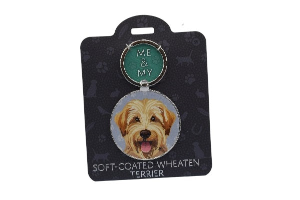 Keychain with a soft-coated wheaten terrier on a branded card