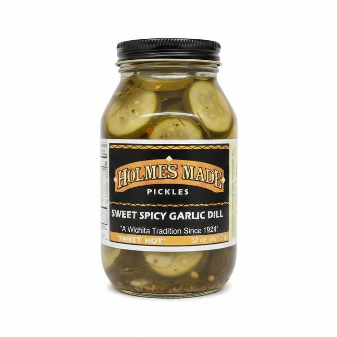 Jars of Holmes Made Sweet Spicy Garlic Dill pickles on a white background
