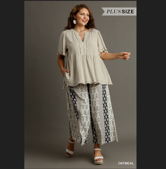 Umgee Linen V Neck Top with Ruffle Sleeve - Plus Size