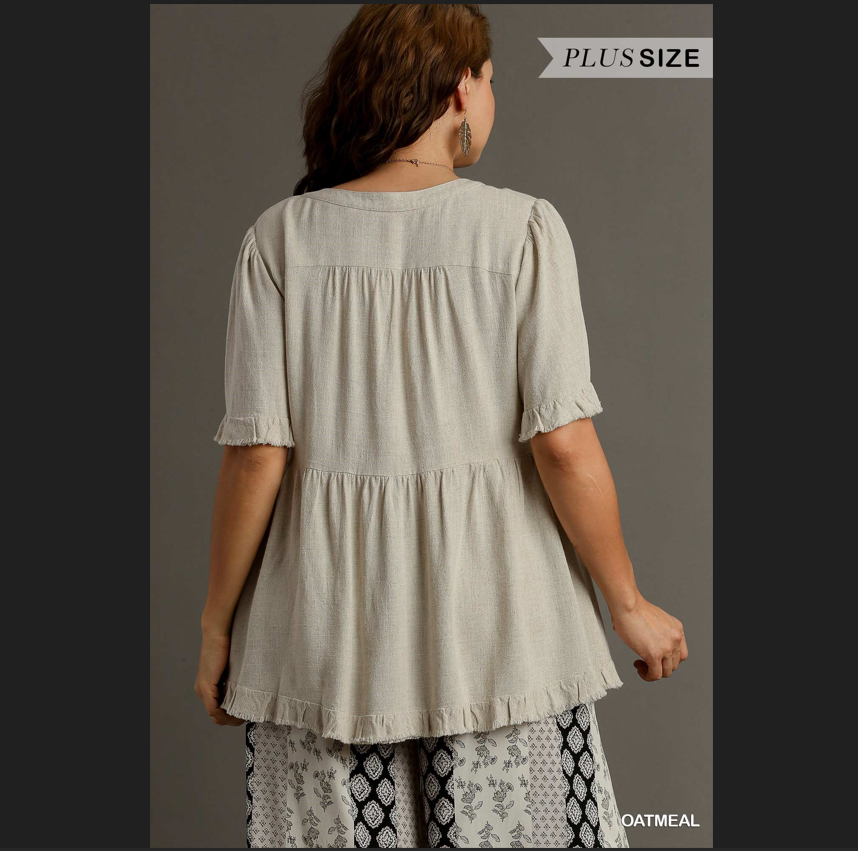 Umgee Linen V Neck Top with Ruffle Sleeve - Plus Size