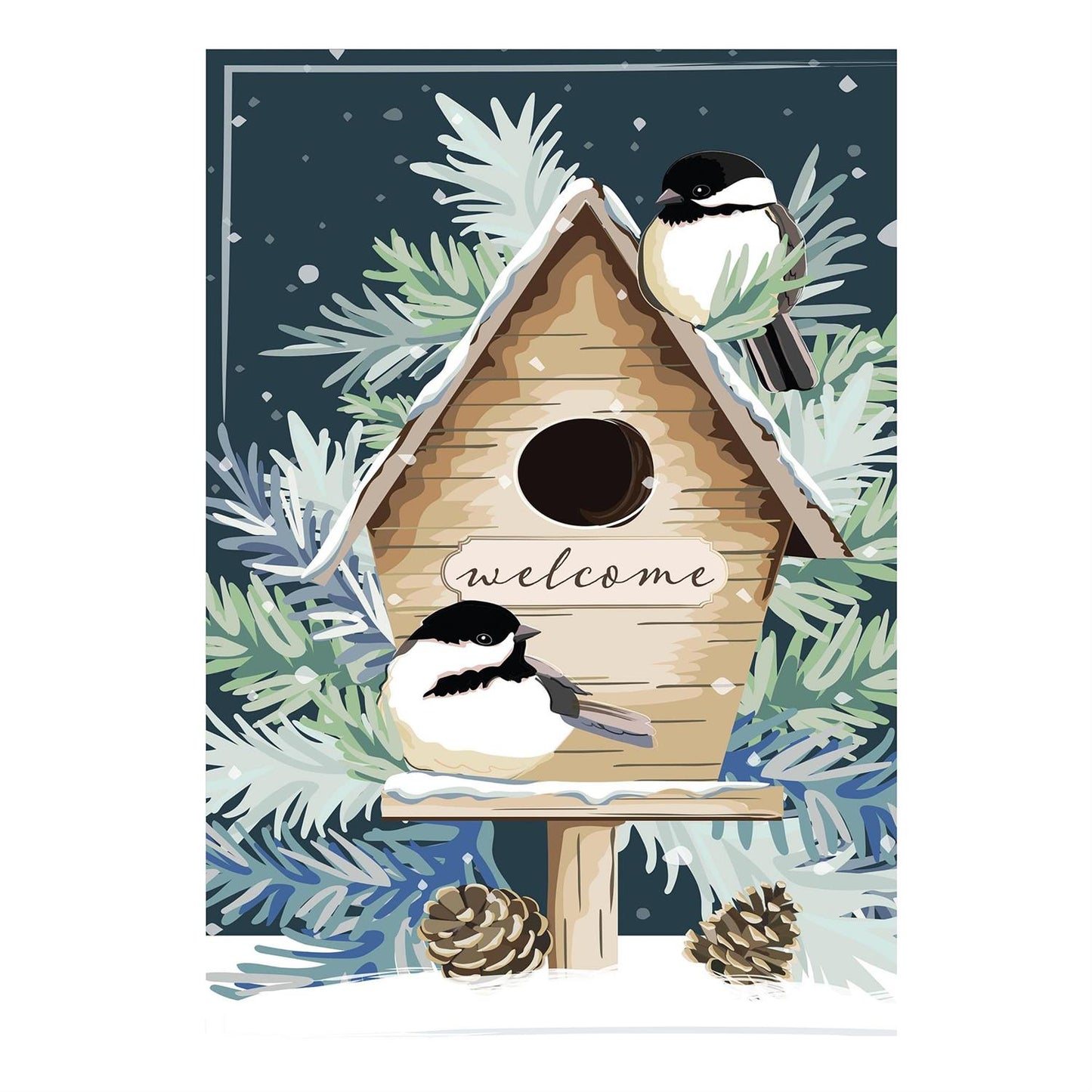 Garden flag featuring a wooden birdhouse with 'welcome' text, surrounded by pine branches and birds on a dark blue background.