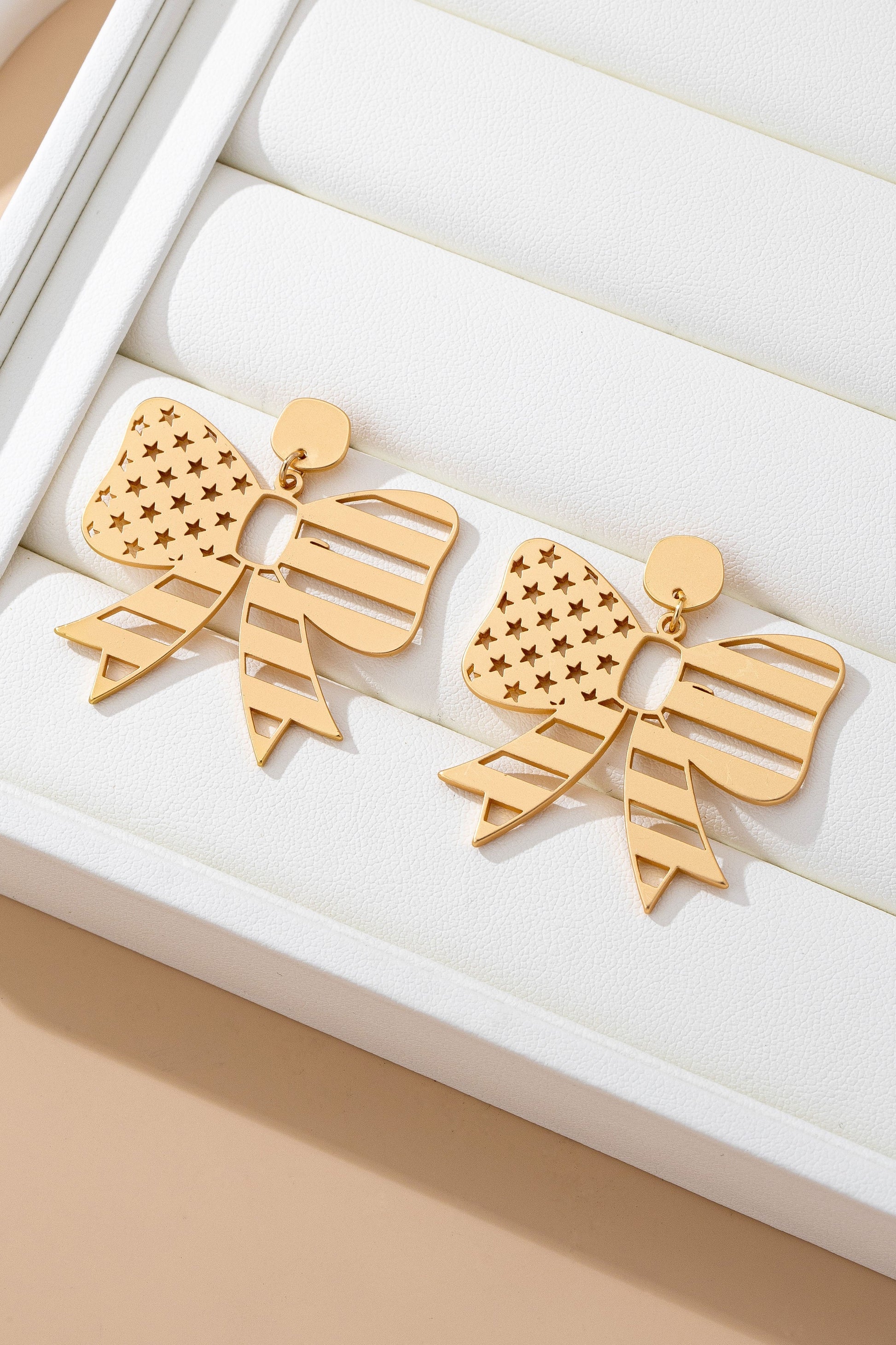 Fourth of July Star Stripe Bow Matte Gold Earrings