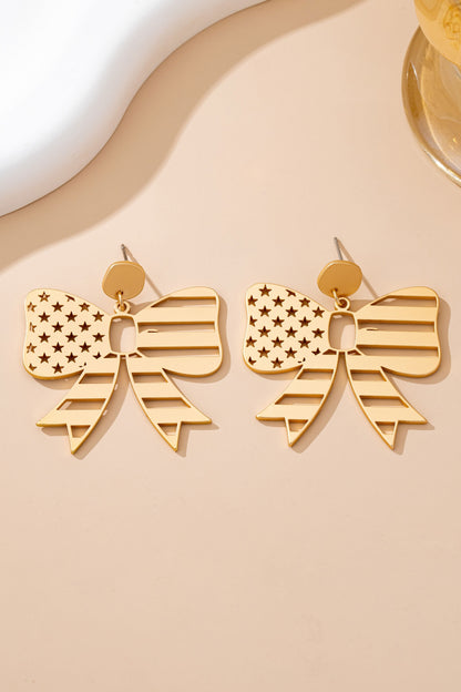 Fourth of July Star Stripe Bow Matte Gold Earrings
