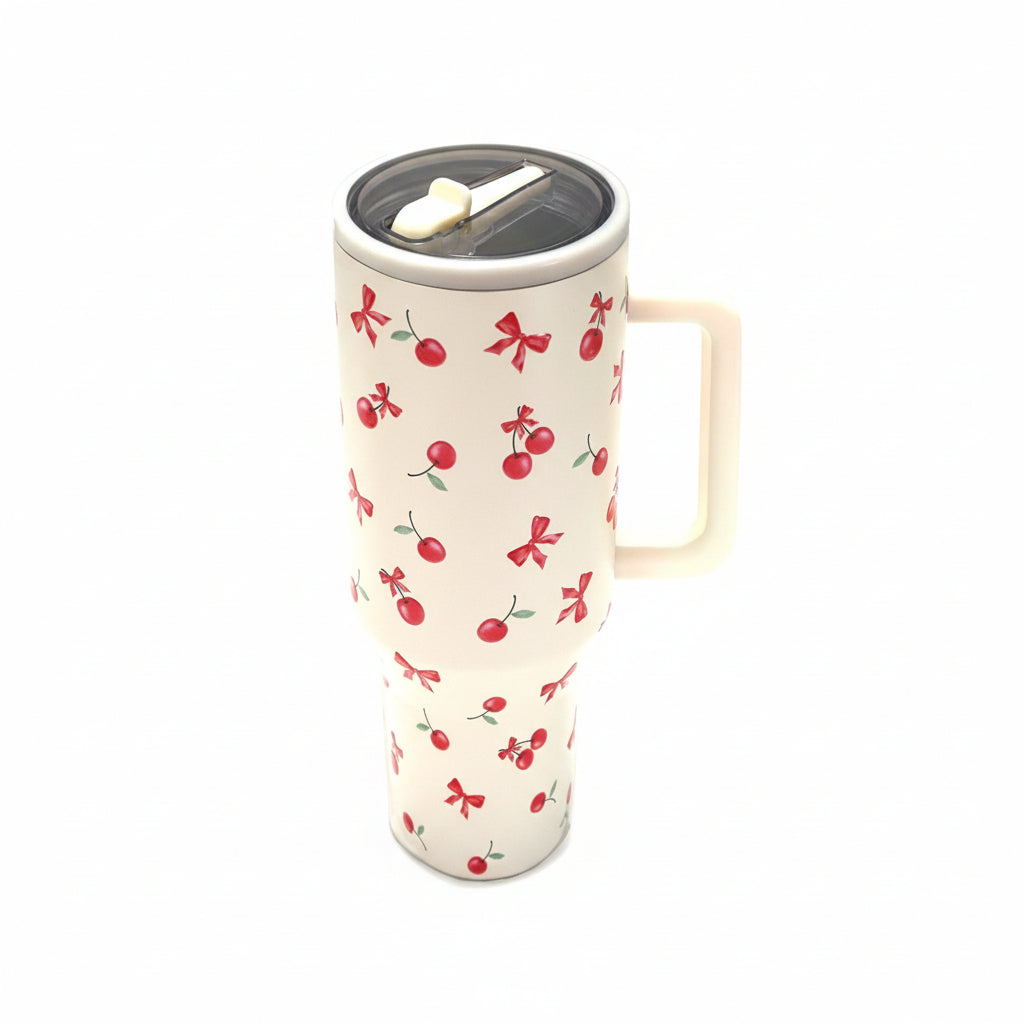 40oz Spill Free Stainless Steel Vacuum Tumbler featuring red cherries and bows on white background