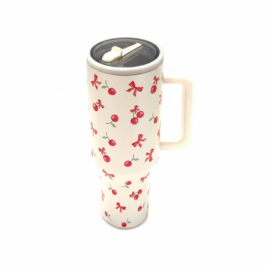 40oz Spill Free Stainless Steel Vacuum Tumbler featuring red cherries and bows on white background