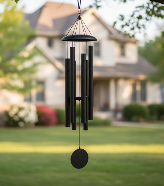 Black wind chime hanging from a tree branch with a house in the background